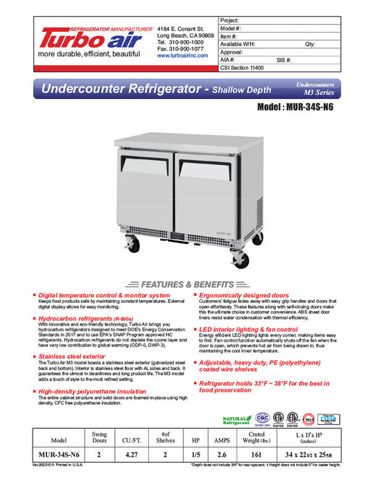 Turbo Air MUR-34S-N6 M3 Series 34" Shallow Depth Undercounter Refrigerator w/ 1 Section & 1 Solid Door - Donut-Supplies.Com