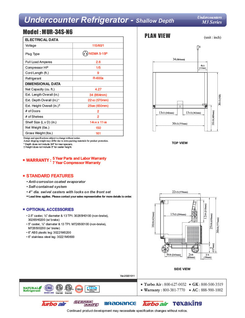 Turbo Air MUR-34S-N6 M3 Series 34" Shallow Depth Undercounter Refrigerator w/ 1 Section & 1 Solid Door - Donut-Equipment.com