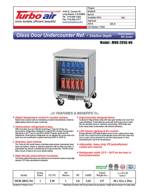 Turbo Air MUR-20SG-N6 M3 Series 20" Shallow Depth Undercounter Refrigerator w/ 1 Section & 1 Glass Door - Donut-Supplies.Com