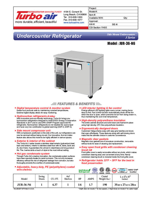 Turbo Air JUR-36-N6 J Series 36" Solid Door Undercounter Refrigerator w/ Side Mounted Compressor - Donut-Supplies.Com