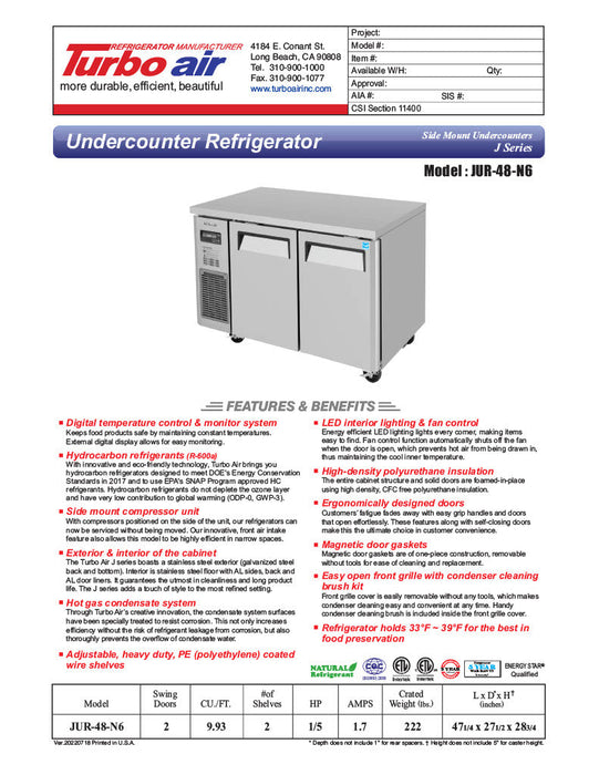 Turbo Air JUR-48-N6 J Series 48" Undercounter Refrigerator w/ 2 Solid Doors & Side Mounted Compressor - Donut-Supplies.Com
