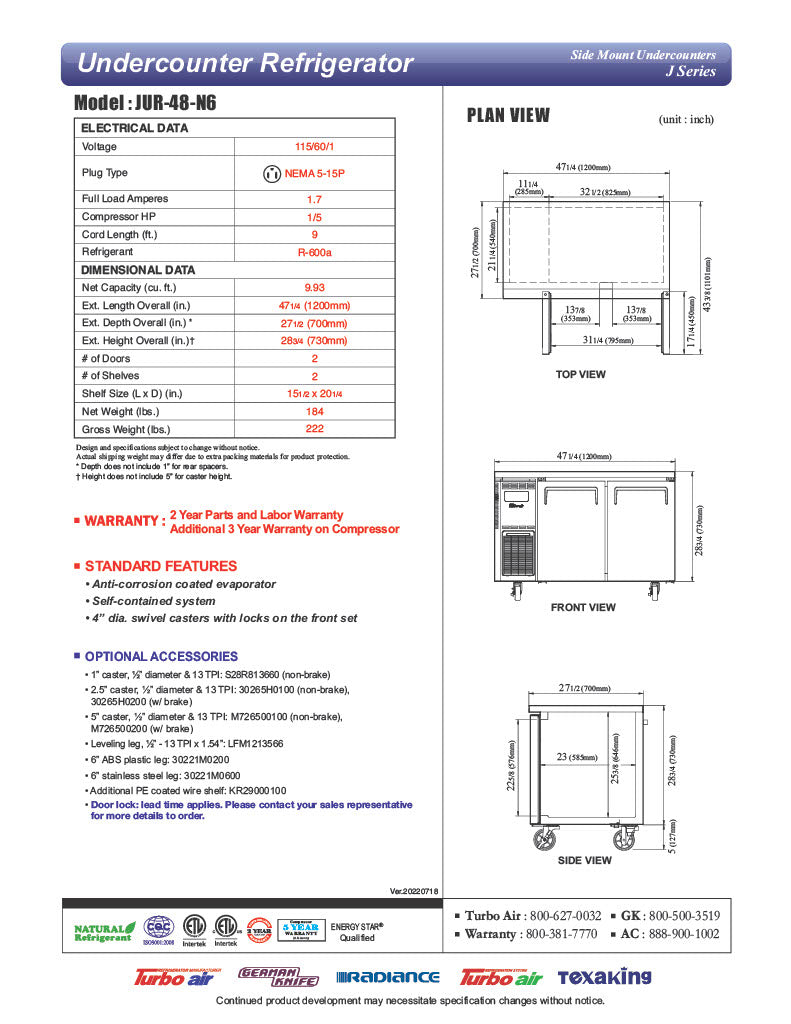 Turbo Air JUR-48-N6 J Series 48" Undercounter Refrigerator w/ 2 Solid Doors & Side Mounted Compressor - Donut-Equipment.com