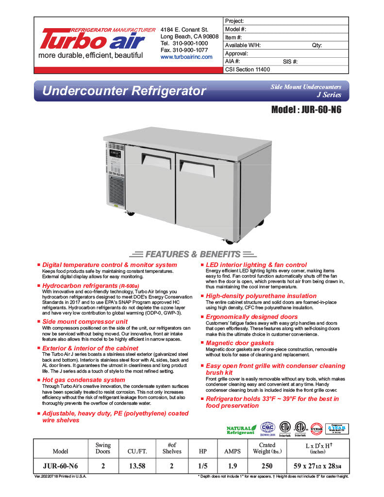 Turbo Air JUR-60-N6 J Series 60" Solid Door Undercounter Refrigerator w/ 2 Sections & Side Mounted Compressor - Donut-Equipment.com