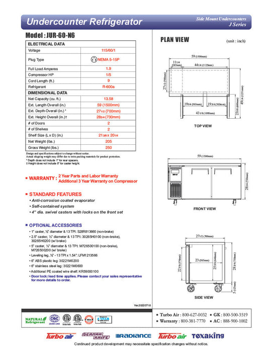 Turbo Air JUR-60-N6 J Series 60" Solid Door Undercounter Refrigerator w/ 2 Sections & Side Mounted Compressor - Donut-Supplies.Com