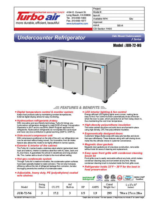 Turbo Air JUR-72-N6 J Series 72"/ 3 Solid Door Undercounter Refrigerator w/ 3 Sections & Side Mounted Compressor - Donut-Supplies.Com