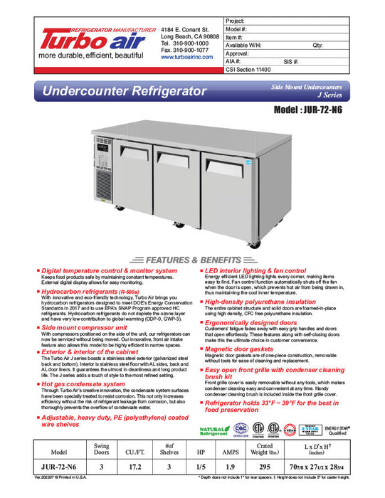 Turbo Air JUR-72-N6 J Series 72"/ 3 Solid Door Undercounter Refrigerator w/ 3 Sections & Side Mounted Compressor - Donut-Supplies.Com