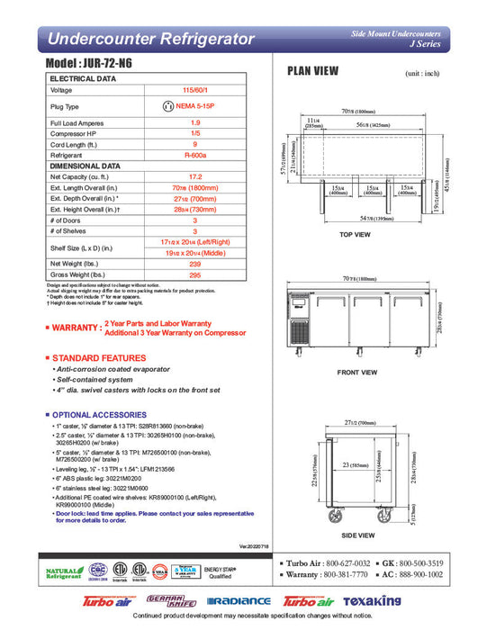 Turbo Air JUR-72-N6 J Series 72"/ 3 Solid Door Undercounter Refrigerator w/ 3 Sections & Side Mounted Compressor - Donut-Supplies.Com