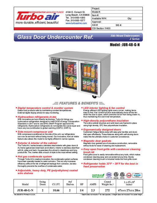 Turbo Air JUR-48-G-N J Series 48" Glass Door Undercounter Refrigerator w/ 2 Sections & Side Mounted Compressor - Donut-Supplies.Com