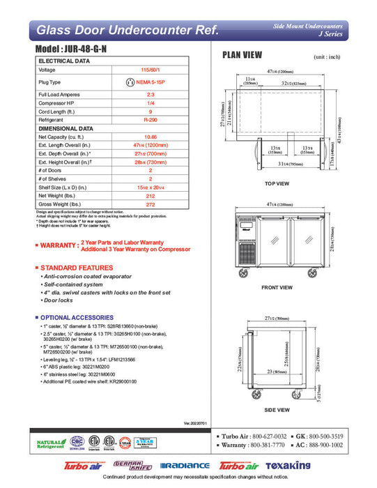 Turbo Air JUR-48-G-N J Series 48" Glass Door Undercounter Refrigerator w/ 2 Sections & Side Mounted Compressor - Donut-Supplies.Com