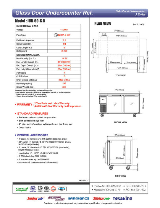 Turbo Air JUR-60-G-N J Series 60" Glass Door Undercounter Refrigerator w/ 2 Sections & Side Mounted Compressor - Donut-Supplies.Com