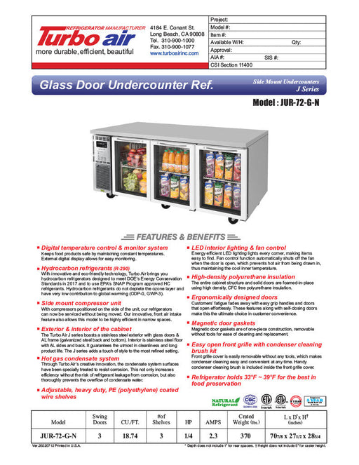 Turbo Air JUR-72-G-N J Series 72" Glass Door Undercounter Refrigerator w/ 3 Sections & Side Mounted Compressor - Donut-Supplies.Com
