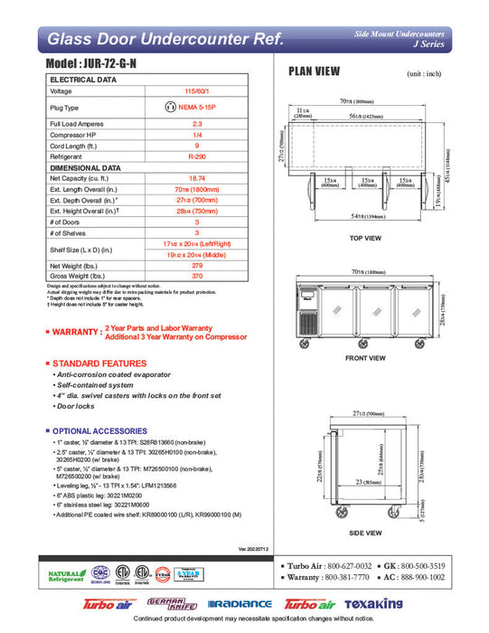 Turbo Air JUR-72-G-N J Series 72" Glass Door Undercounter Refrigerator w/ 3 Sections & Side Mounted Compressor - Donut-Supplies.Com