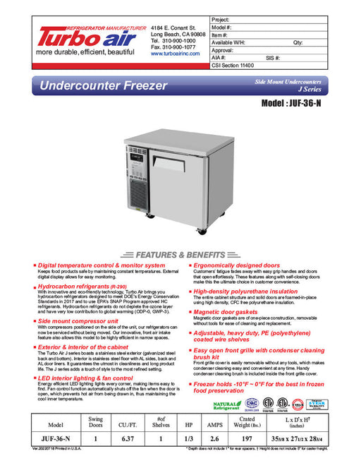 Turbo Air JUF-36-N J Series 36" Solid Door Undercounter Freezer w/ 1 Section & Side Mounted Compressor - Donut-Supplies.Com
