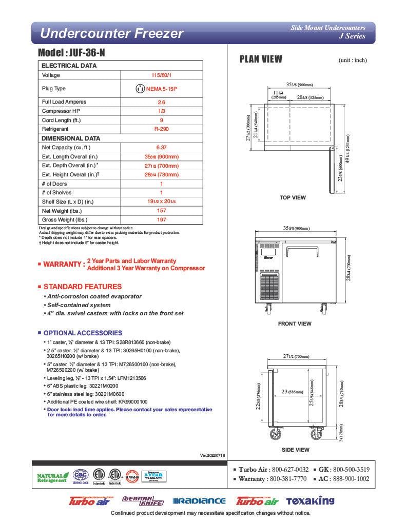 Turbo Air JUF-36-N J Series 36" Solid Door Undercounter Freezer w/ 1 Section & Side Mounted Compressor - Donut-Equipment.com
