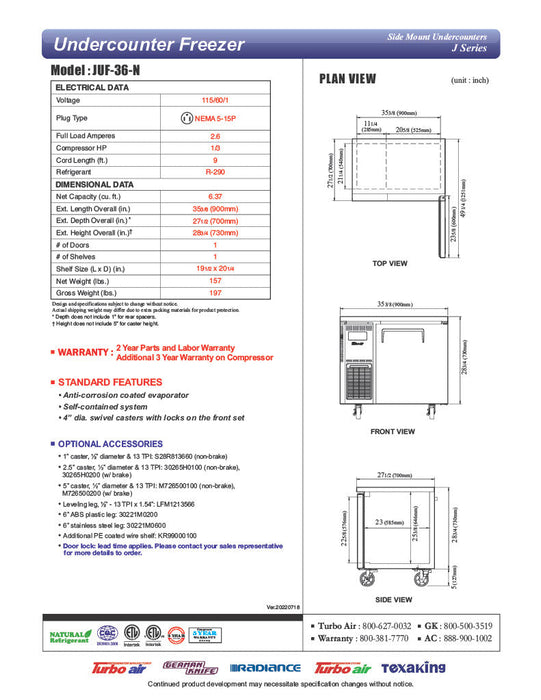 Turbo Air JUF-36-N J Series 36" Solid Door Undercounter Freezer w/ 1 Section & Side Mounted Compressor - Donut-Supplies.Com