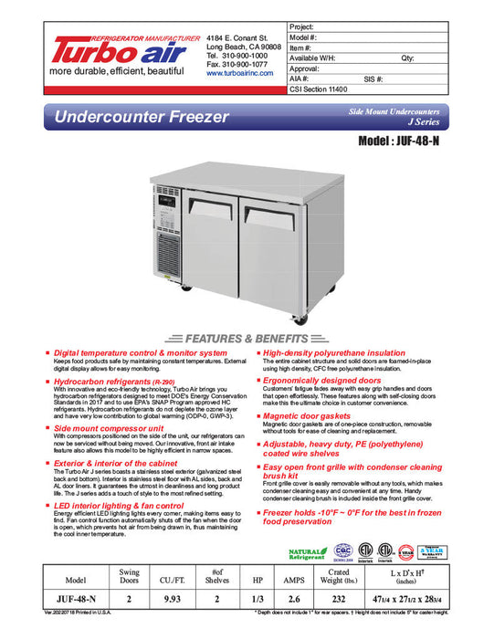 Turbo Air JUF-48-N J Series 48" Solid Door Undercounter Freezer w/ 2 Sections & Side Mounted Compressor - Donut-Supplies.Com