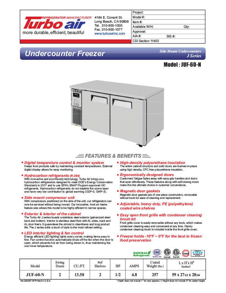 Turbo Air JUF-60-N J Series 60" Solid Door Undercounter Freezer w/ 2 Sections & Side Mounted Compressor - Donut-Equipment.com