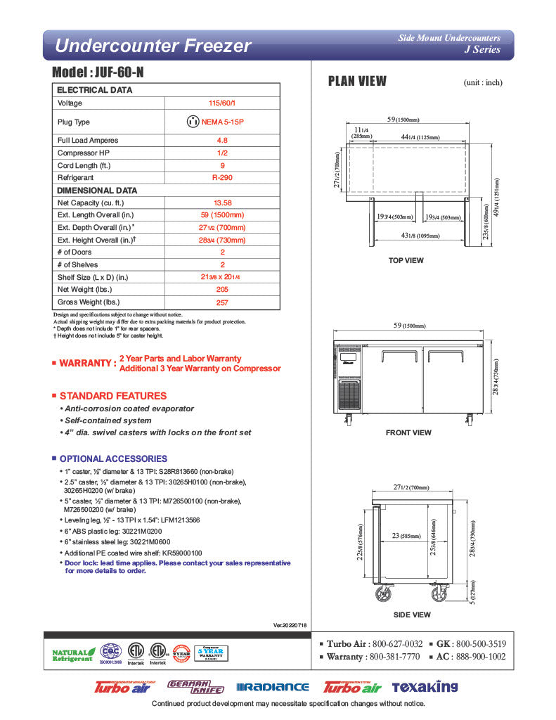 Turbo Air JUF-60-N J Series 60" Solid Door Undercounter Freezer w/ 2 Sections & Side Mounted Compressor - Donut-Equipment.com