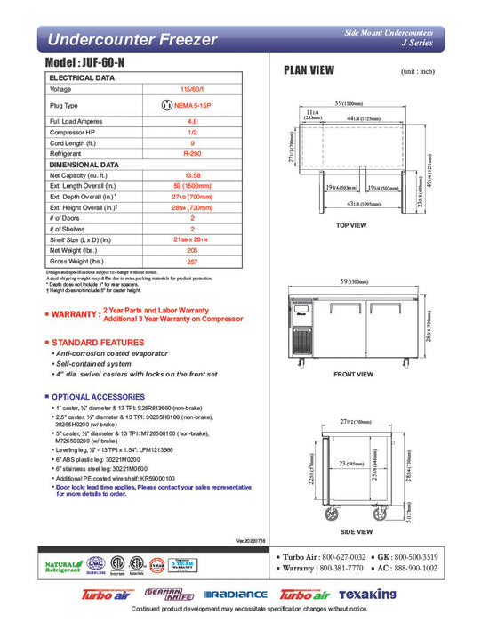 Turbo Air JUF-60-N J Series 60" Solid Door Undercounter Freezer w/ 2 Sections & Side Mounted Compressor - Donut-Supplies.Com