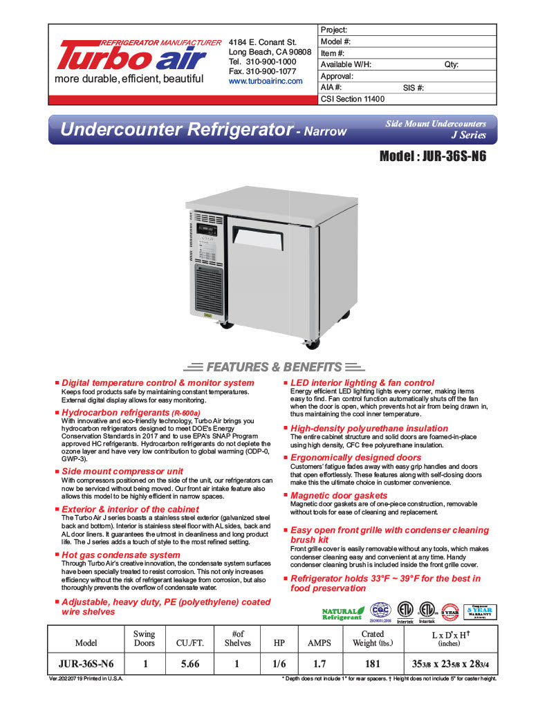 Turbo Air JUR-36S-N6 J Series 36" Narrow Depth Undercounter Refrigerator w/ 1 Section, 2 Solid Doors & Side Mounted Compressor - Donut-Equipment.com