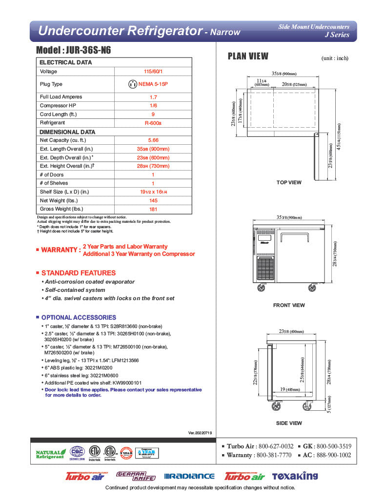 Turbo Air JUR-36S-N6 J Series 36" Narrow Depth Undercounter Refrigerator w/ 1 Section, 2 Solid Doors & Side Mounted Compressor - Donut-Equipment.com