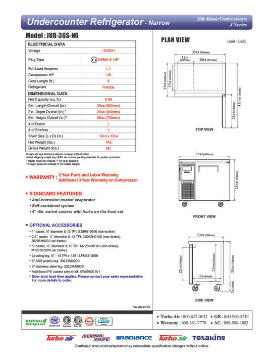Turbo Air JUR-36S-N6 J Series 36" Narrow Depth Undercounter Refrigerator w/ 1 Section, 2 Solid Doors & Side Mounted Compressor - Donut-Supplies.Com