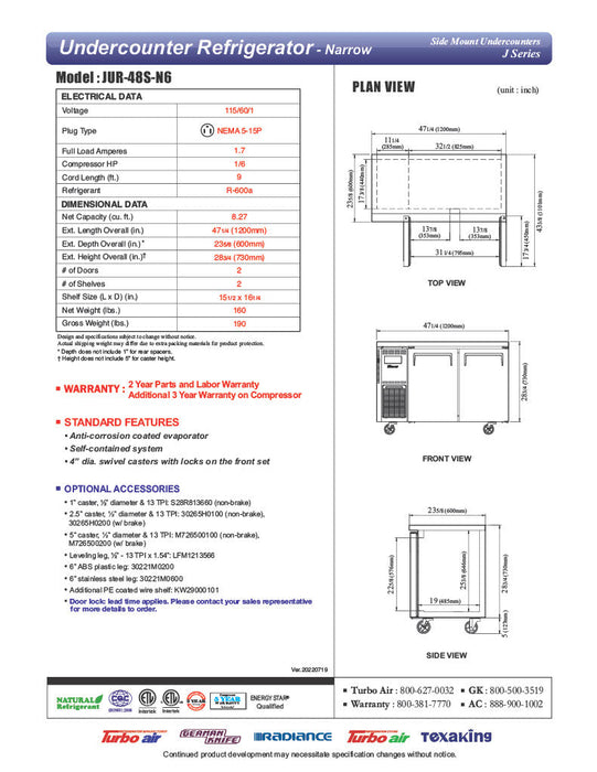 Turbo Air JUR-48S-N6 J Series 48" Narrow Depth Undercounter Refrigerator w/ 2 Sections, Solid Doors & Side Mounted Compressor - Donut-Supplies.Com
