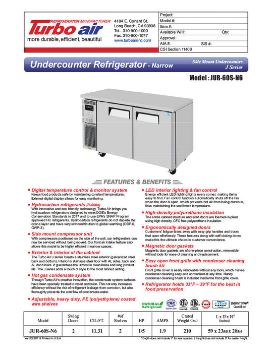 Turbo Air JUR-60S-N6 J Series 60" Narrow Depth Undercounter Refrigerator w/ 2 Sections, Solid Doors & Side Mounted Compressor - Donut-Supplies.Com