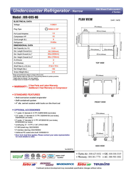 Turbo Air JUR-60S-N6 J Series 60" Narrow Depth Undercounter Refrigerator w/ 2 Sections, Solid Doors & Side Mounted Compressor - Donut-Supplies.Com