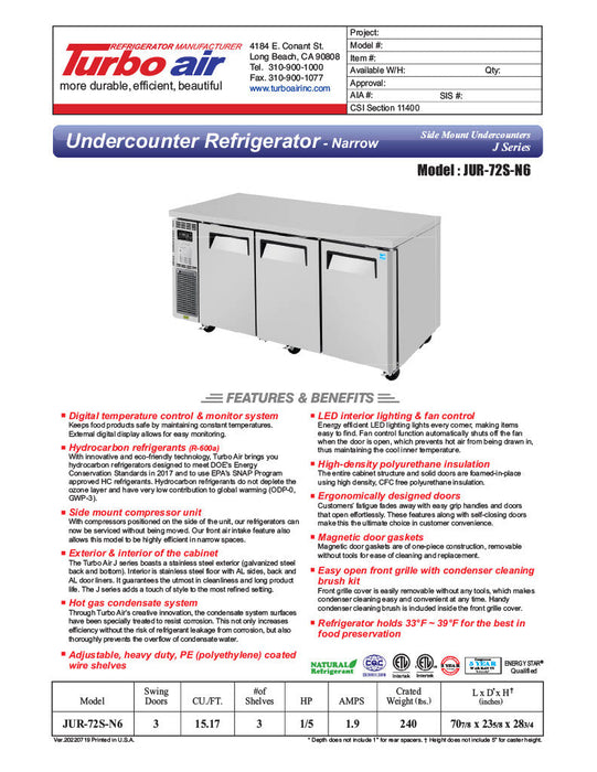 Turbo Air JUR-72S-N6 J Series 72" Narrow Depth Undercounter Refrigerator w/ 3 Sections, Solid Doors & Side Mounted Compressor - Donut-Supplies.Com