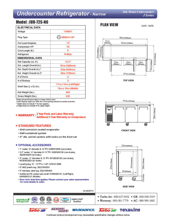 Turbo Air JUR-72S-N6 J Series 72" Narrow Depth Undercounter Refrigerator w/ 3 Sections, Solid Doors & Side Mounted Compressor - Donut-Supplies.Com