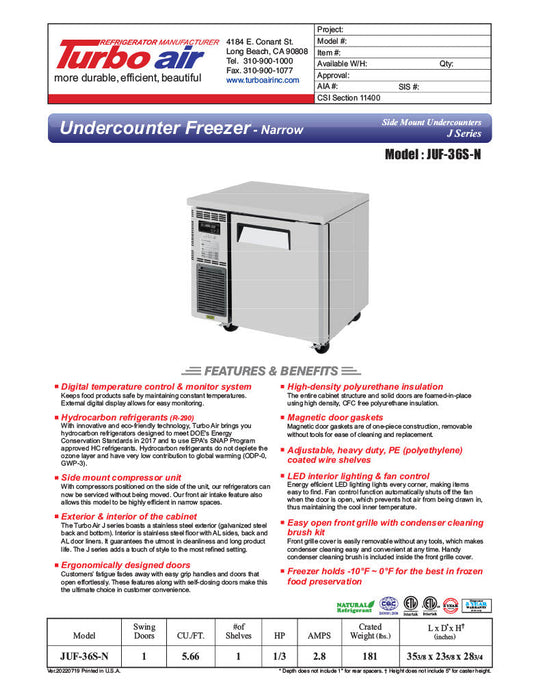 Turbo Air JUF-36S-N J Series 36" Narrow Depth Undercounter Freezer w/ 1 Section, Solid Door & Side Mounted Compressor - Donut-Supplies.Com
