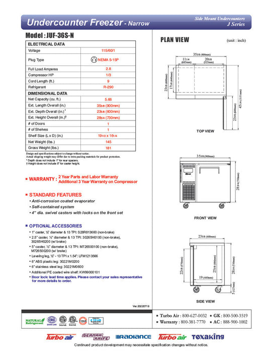 Turbo Air JUF-36S-N J Series 36" Narrow Depth Undercounter Freezer w/ 1 Section, Solid Door & Side Mounted Compressor - Donut-Supplies.Com