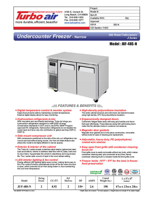 Turbo Air JUF-48S-N J Series 48" Narrow Depth Undercounter Freezer w/ 2 Sections, Solid Doors & Side Mounted Compressor - Donut-Supplies.Com