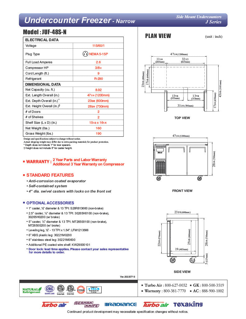 Turbo Air JUF-48S-N J Series 48" Narrow Depth Undercounter Freezer w/ 2 Sections, Solid Doors & Side Mounted Compressor - Donut-Equipment.com