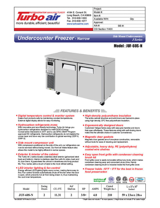 Turbo Air JUF-60S-N J Series 60" Narrow Depth Undercounter Freezer w/ 2 Sections, Solid Doors & Side Mounted Compressor - Donut-Supplies.Com