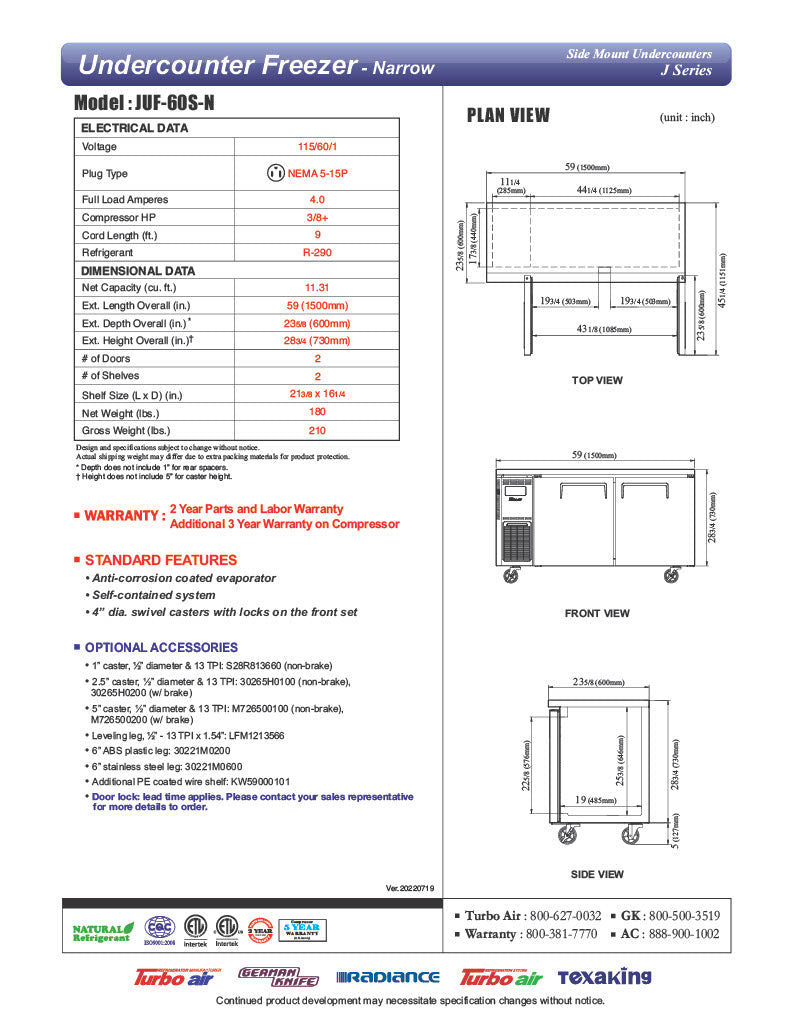 Turbo Air JUF-60S-N J Series 60" Narrow Depth Undercounter Freezer w/ 2 Sections, Solid Doors & Side Mounted Compressor - Donut-Equipment.com