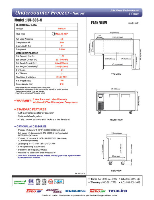 Turbo Air JUF-60S-N J Series 60" Narrow Depth Undercounter Freezer w/ 2 Sections, Solid Doors & Side Mounted Compressor - Donut-Supplies.Com
