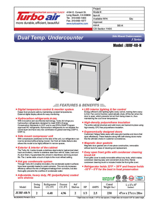 Turbo Air JURF-48-N J Series 47 1/4" Dual Temperature Undercounter Refrigerator/Freezer w/ 2 Sections & Solid Doors - Donut-Supplies.Com