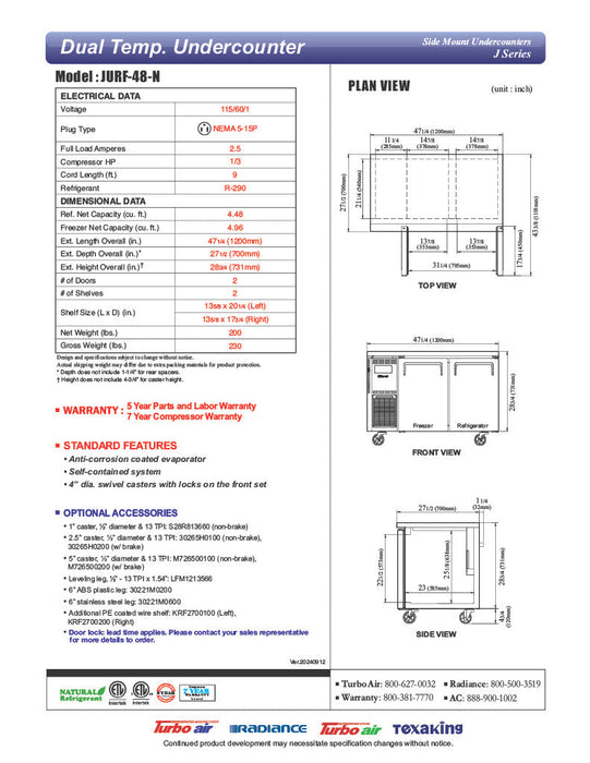 Turbo Air JURF-48-N J Series 47 1/4" Dual Temperature Undercounter Refrigerator/Freezer w/ 2 Sections & Solid Doors - Donut-Supplies.Com