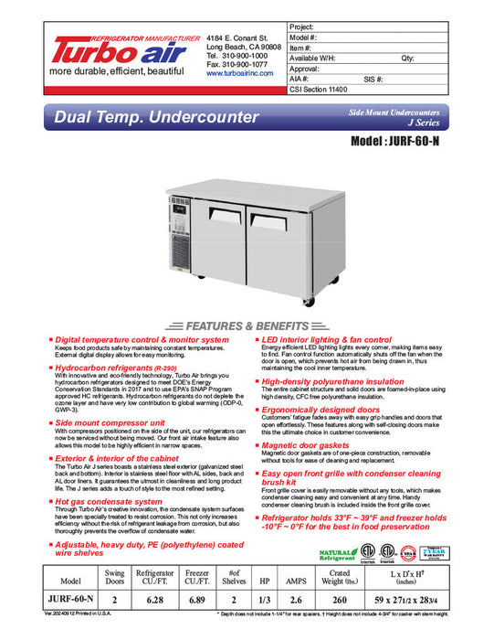 Turbo Air JURF-60-N J Series 59 1/4" Dual Temperature Undercounter Refrigerator/Freezer w/ 2 Sections & Solid Doors - Donut-Supplies.Com