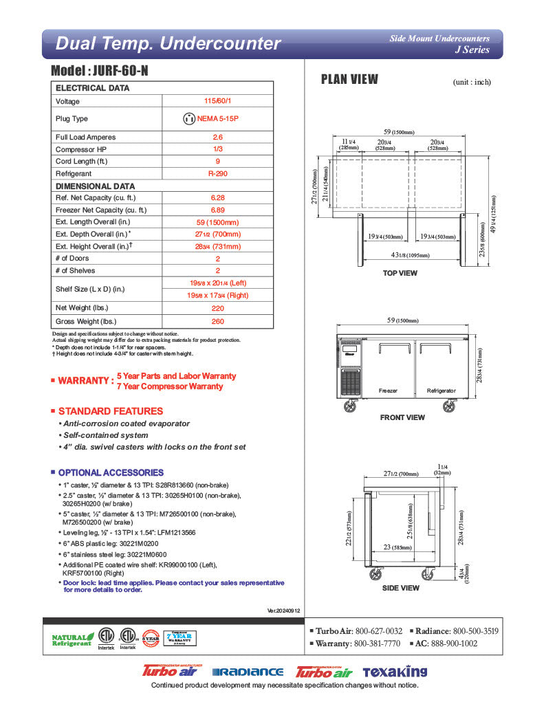 Turbo Air JURF-60-N J Series 59 1/4" Dual Temperature Undercounter Refrigerator/Freezer w/ 2 Sections & Solid Doors - Donut-Equipment.com