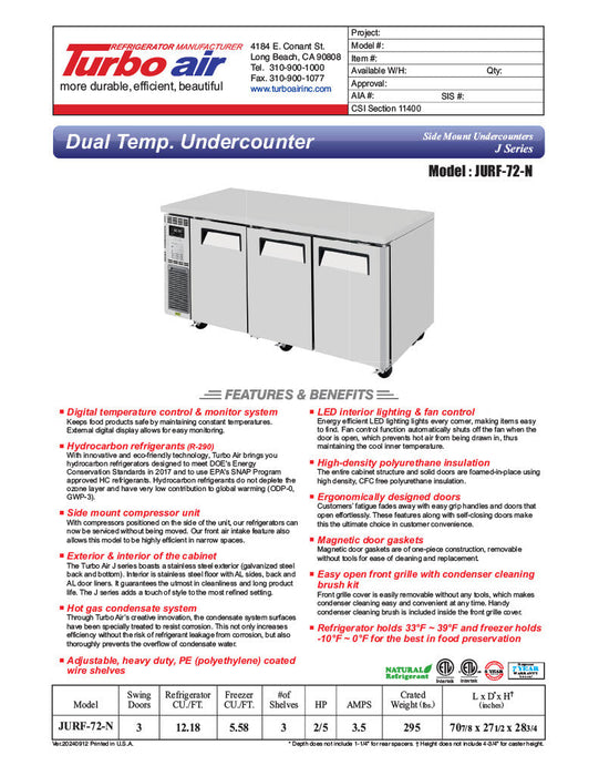Turbo Air JURF-72-N J Series 70 7/8" Dual Temperature Undercounter Refrigerator/Freezer w/ 3 Sections & Solid Doors - Donut-Supplies.Com