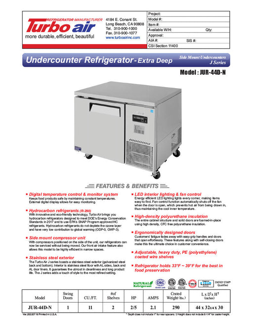 Turbo Air JUR-44D-N J Series 44" Extra Deep Undercounter Refrigerator w/ 2 Drawers & Side Mounted Compressor - Donut-Supplies.Com