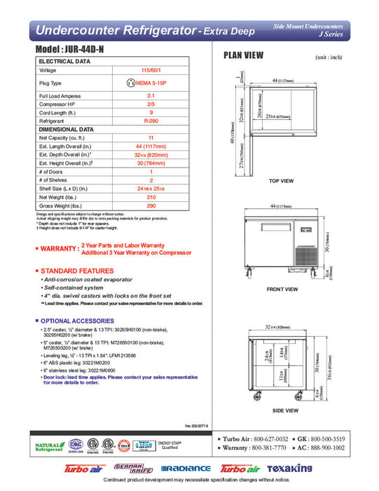 Turbo Air JUR-44D-N J Series 44" Extra Deep Undercounter Refrigerator w/ 2 Drawers & Side Mounted Compressor - Donut-Supplies.Com