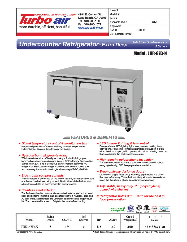 Turbo Air JUR-67D-N J Series 67" Extra Deep Undercounter Refrigerator w/ 2 Drawers & Side Mounted Compressor - Donut-Equipment.com