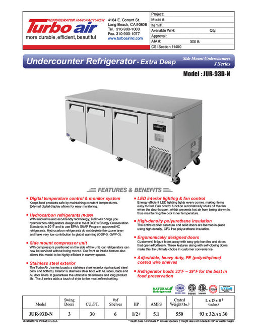 Turbo Air JUR-93D-N J Series 93" Extra Deep Undercounter Refrigerator w/ 3 Drawers & Side Mounted Compressor - Donut-Supplies.Com