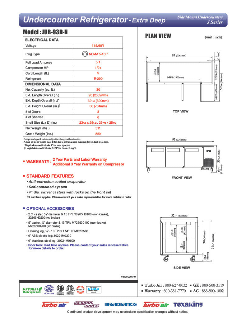 Turbo Air JUR-93D-N J Series 93" Extra Deep Undercounter Refrigerator w/ 3 Drawers & Side Mounted Compressor - Donut-Equipment.com