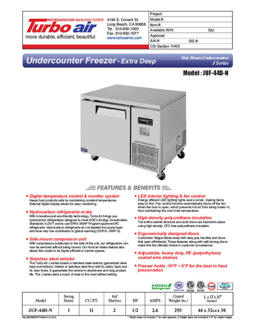 Turbo Air JUF-44D-N J Series 44" Extra Deep Undercounter Freezer w/ 2 Drawers & Side Mounted Compressor - Donut-Supplies.Com