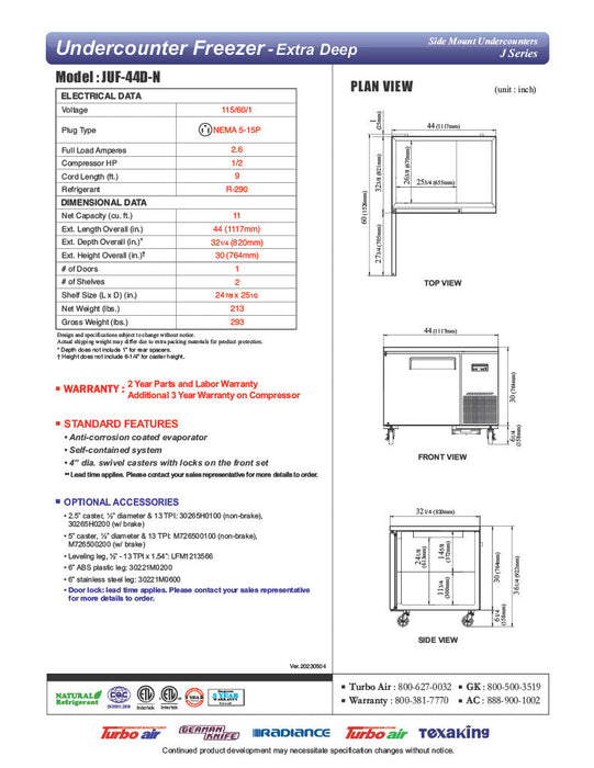 Turbo Air JUF-44D-N J Series 44" Extra Deep Undercounter Freezer w/ 2 Drawers & Side Mounted Compressor - Donut-Supplies.Com
